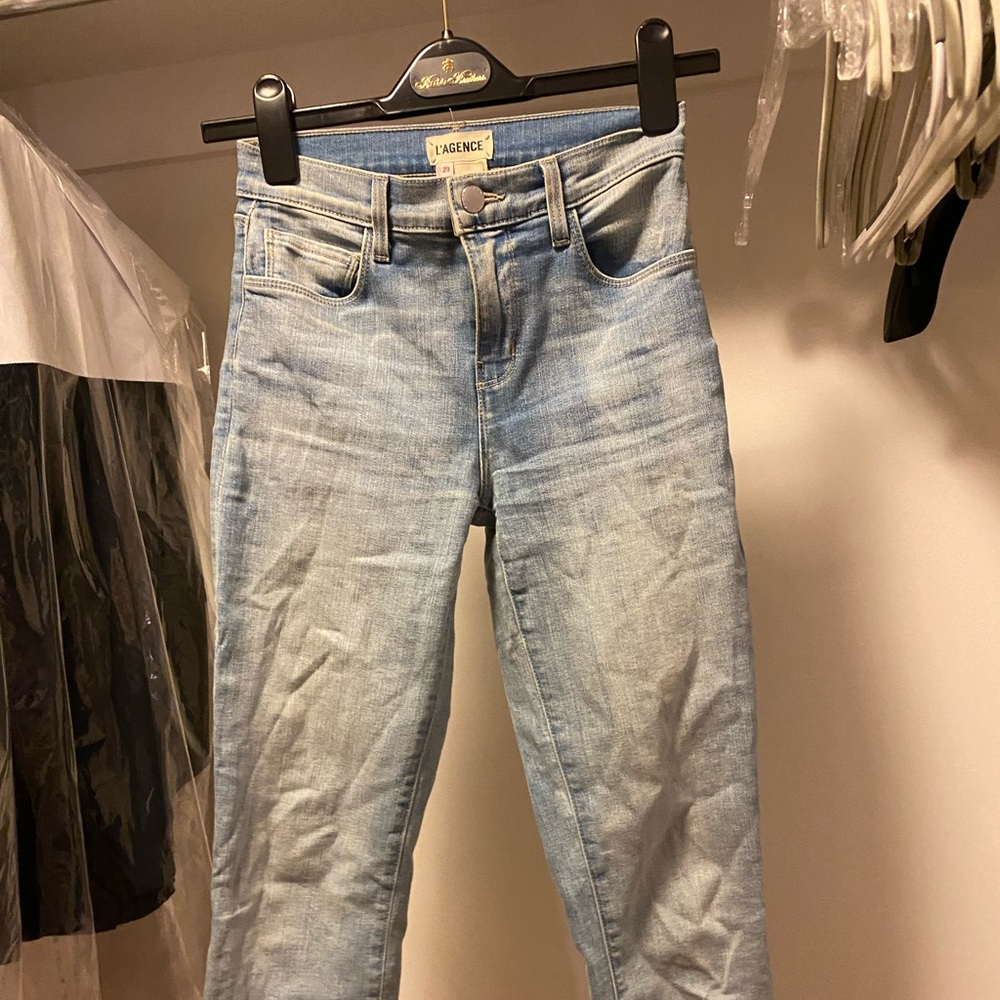L'Agence high waist cropped straight leg jeans light wash size 23 with raw hem.